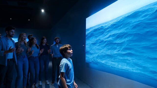 Diverse group of people and a young boy amazed by an immersive digital art installation featuring a realistic ocean wave that reacts to touch with a splash in a futuristic gallery.