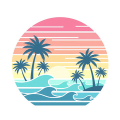 Obraz premium Retro Sunset Tropical Beach Palm Trees and Waves Circle Graphic