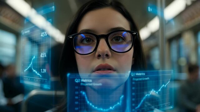 Professional woman wearing glasses interacts with blue holographic data interfaces and financial charts on a public train, showcasing future technology and smart commuting.