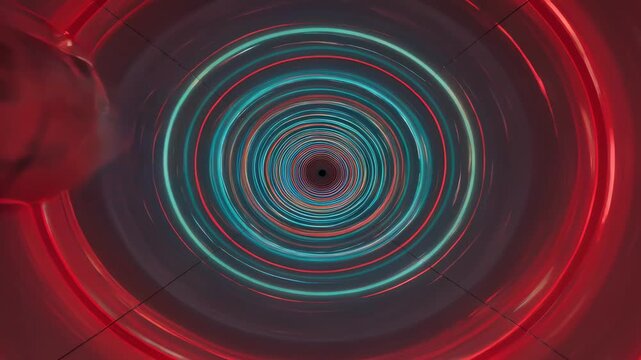 Futuristic high speed pod traveling through a glowing neon tunnel with blue and red light rings, representing hyperloop transportation, data transmission, or fiber optic technology.