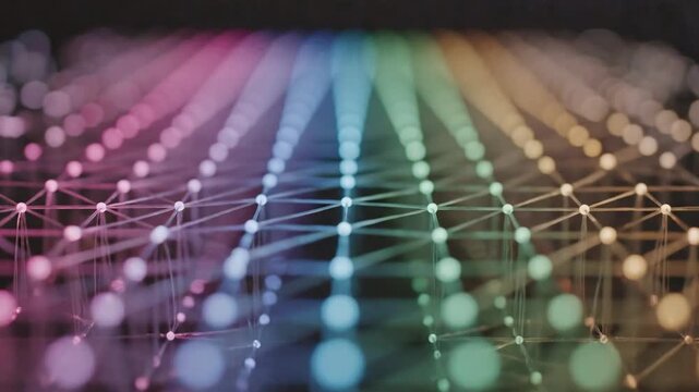 Abstract Network of Glowing Spheres and Lines in Rainbow Colors.