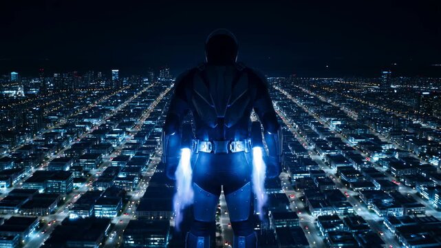 Back view of a futuristic hero in high-tech armor with glowing jetpack thrusters overlooking a vast illuminated city at night, patrolling a sprawling cyberpunk metropolis grid.