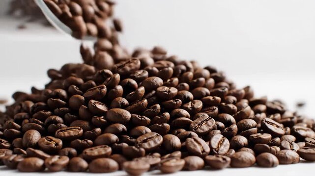 Closeup shot of roasted coffee beans pouring from a container onto a white surface.