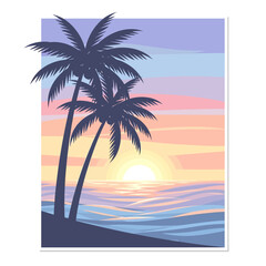 Obraz premium Tropical sunset with palm trees silhouette and calm ocean waves, pastel colors