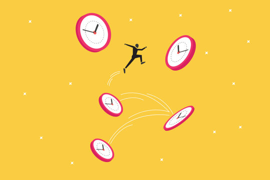 Businessman jumping across floating alarm clocks in an arc, symbolizing effective time management, business speed, efficiency, and meeting difficult deadlines