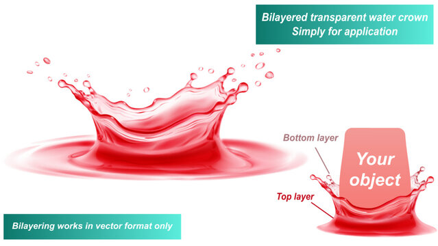 Transparent water crown in red colors with splashes and drops. It consists of two layers - front and back. You can insert any object between them, only for vector format.