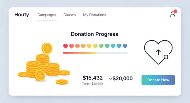 Donation progress chart with hearts and coins on screen display