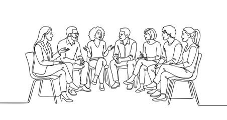 Business meeting or teamwork. One line outline illustration depicting a group of professionals sitting and discussing a project. Vector graphics in minimalist style.