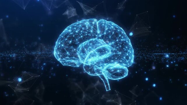 Glowing blue digital brain illustration with neural connections on a dark background with sparkling lights