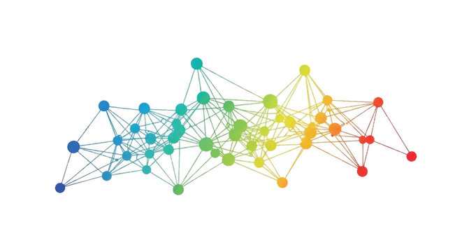 A network of colorful nodes and lines forms a complex web structure.