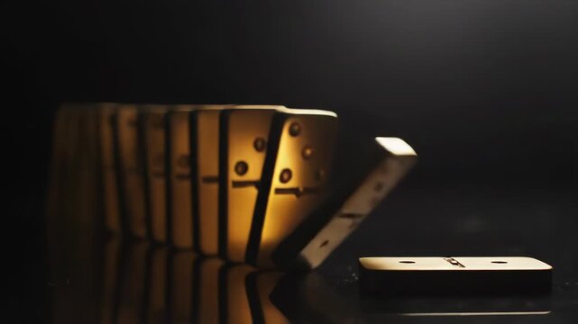 Gold domino tiles falling on dark surface in slow motion