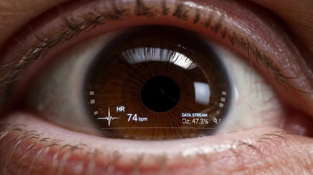 Macro view of a human eye featuring a futuristic smart contact lens with an augmented reality head-up display showing live heart rate, temperature, and oxygen level biometrics.