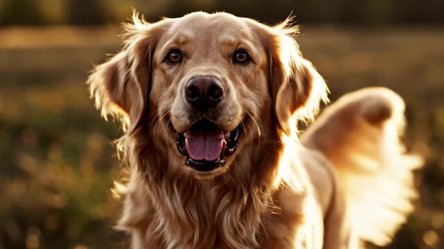 Golden retriever dog outdoors in a park during sunset