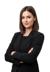 Obraz premium Professional woman in black blazer posing confidently with arms crossed
