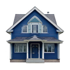 Obraz premium Blue wooden house with white trim and windows isolated on a transparent background