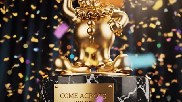 Golden statue of Ganesha on a black marble pedestal with award plaque and colorful festive lights