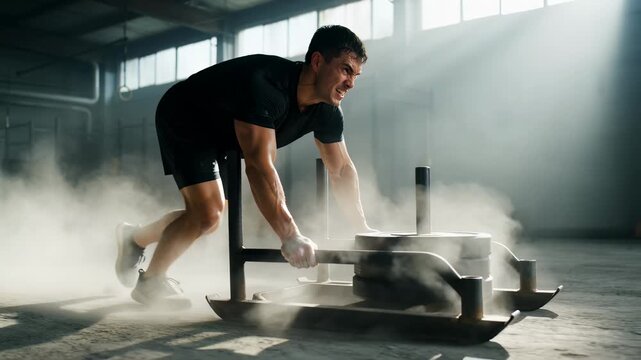 Determined muscular man pushing a heavy weight sled through dust in an industrial gym setting, showcasing extreme effort, strength, and power during a functional cross-training session.