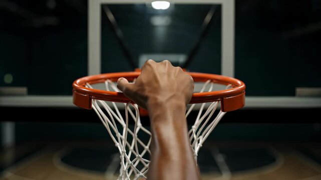 Close-up of an athletic hand performing a powerful slam dunk in a dark indoor basketball court, capturing the climactic moment of scoring with cinematic lighting and intensity.