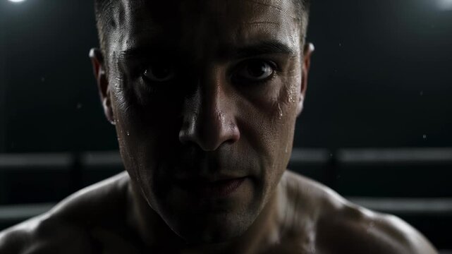 Close-up of a determined boxer's face in a dark ring, drenched in sweat with water droplets spraying as he stares intensely into the camera after an exhausting training session.