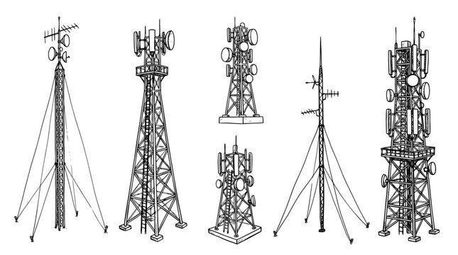 antenna tower, Hand-drawn outline doodle sketches vector set collection , white background , PNG and SVG isolate