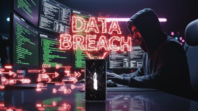 Hacker in dark room with multiple computer screens showing coded data and security icons