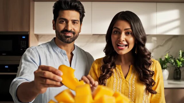Happy couple enjoying fresh tropical mango slices in modern kitchen