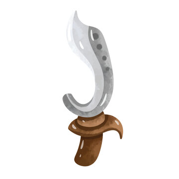 Kujang vector illustration, traditional sundanese bladed weapon, hand drawn watercolor painting style, gambar kujang kartun, senjata tradisional khas sunda indonesia
