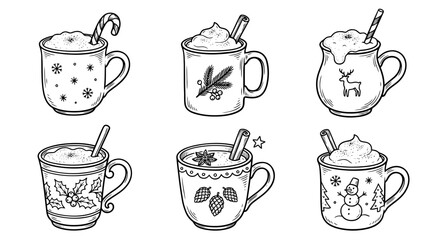 Obraz premium eggnog mug, Hand-drawn outline doodle sketches vector set collection , white background , PNG and SVG isolate