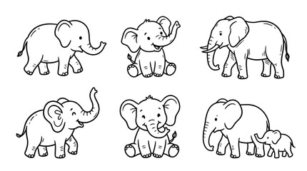 Fototapeta premium elephant, Hand-drawn outline doodle sketches vector set collection , white background , PNG and SVG isolate