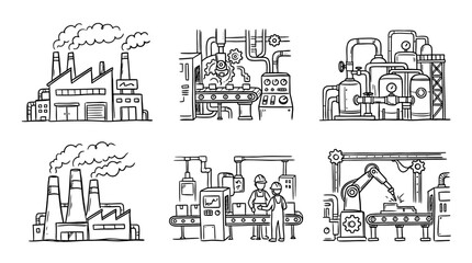 Obraz premium factory, Hand-drawn outline doodle sketches vector set collection , white background , PNG and SVG isolate