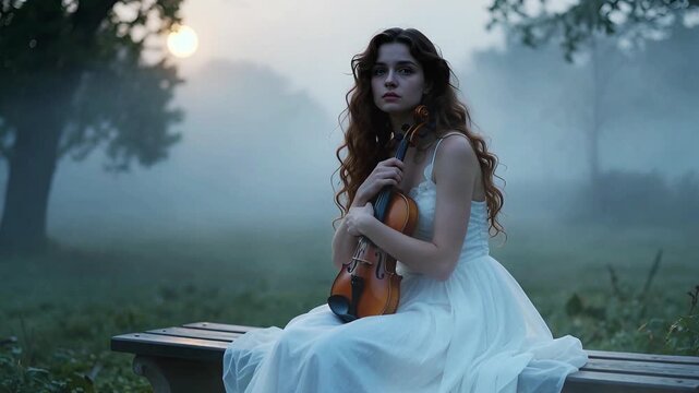 Sad Girl on Bench with Violin 4K Loop features an A.I. generated video of a beautiful young woman with a sad expression on her face and holding a violin with mist swirling around her in a loop.
