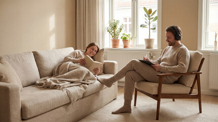 Obraz premium Relaxed couple enjoy quiet time at home, woman read book on sofa, man draw on tablet