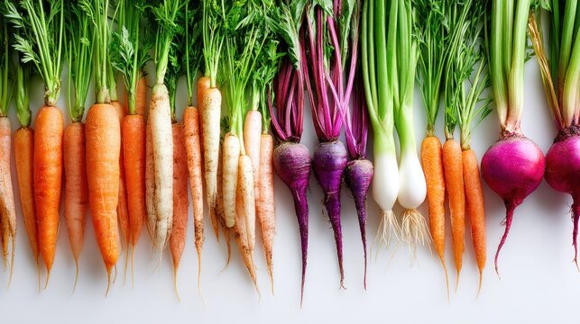 Assortment of freshly harvested root vegetables displays vibrant colors against a clean background.