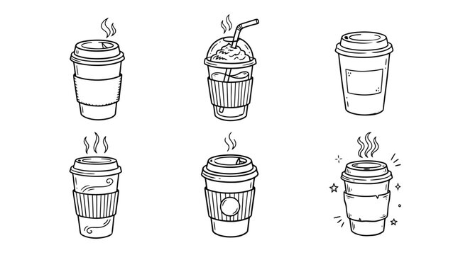 takeaway coffee, Hand-drawn outline doodle sketches vector set collection , white background , PNG and SVG isolate