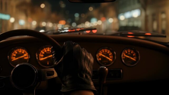 Cinematic POV of a driver wearing black leather gloves operating a vintage classic car at night, gripping the steering wheel and shifter with glowing orange dashboard gauges.
