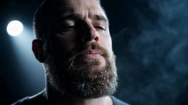 Close-up of a bearded man exhaling a thick cloud of vapor or cold breath in a dark studio with cinematic backlighting, showing frost on his beard and a calm, meditative expression.
