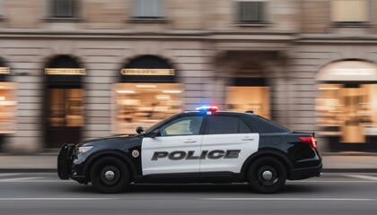 High speed police car patrol on blurred city street