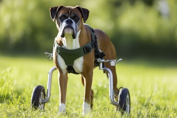 A brown and white boxer dog standing in a grassy field, supported by a two-wheel wheelchair, looking directly at the camera