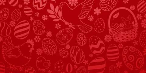 Red Easter background with eggs, bunnies, and birds in light red.