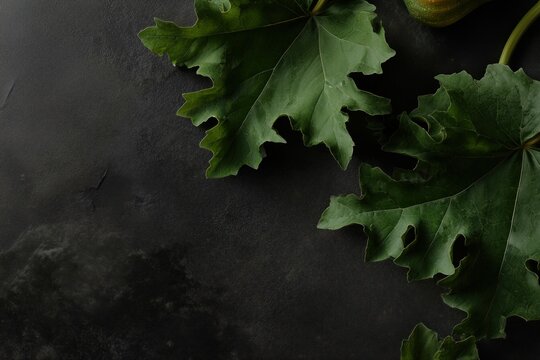 Large tropical green leaves arranged on dark textured surface, moody low-key flatlay