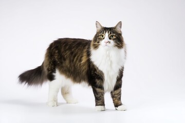 Obraz premium A brown and white long-haired cat standing on a white background, facing camera