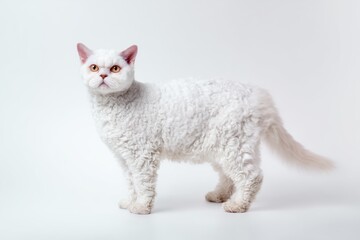 Obraz premium White curly-coated cat standing on white background, looking at camera with amber eyes