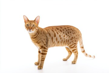 Obraz premium Orange spotted bengal cat standing in profile on white background, alert expression, glossy coat