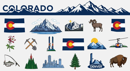 Obraz premium Diverse Vector Illustration Set Capturing the Essence of Colorado Majestic Mountains, Indigenous Wildlife, Famous Landmarks, and Vibrant Outdoor Activities