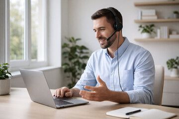 Fototapeta premium Professional young man with headset working on laptop in bright home office, remote business consultant talking during video call meeting.