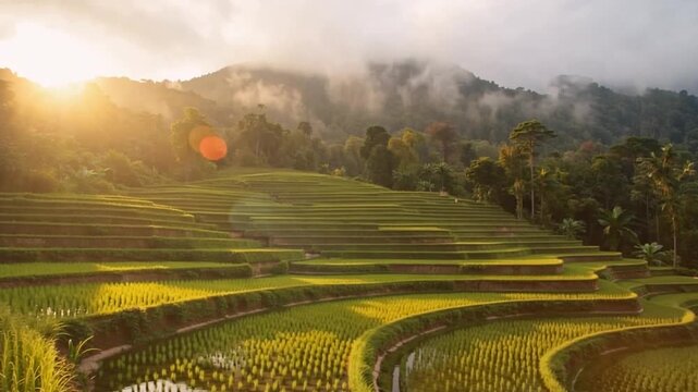 Lush green terraced rice fields in a mountainous landscape at sunrise
