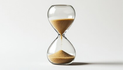 Hourglass with flowing golden sand symbolizing time management and productivity on white background
