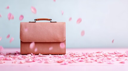 A stylish pink briefcase sits on a pink surface surrounded by falling and scattered pink flower petals against a soft gray background.
