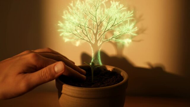 A hand gently touches a tiny green seedling in a ceramic pot, sparking a magical, glowing holographic projection of a lush, fully grown tree in a warm, dimly lit indoor environment.