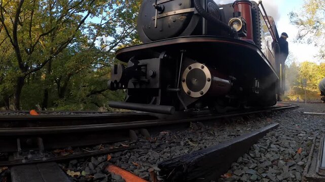 Vintage steam train chugs along scenic tracks surrounded by autumn trees